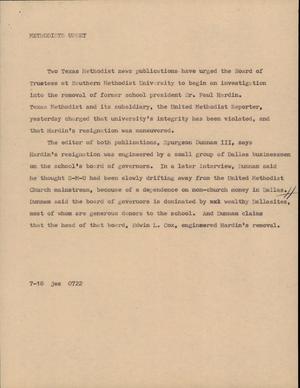 Primary view of object titled '[News Script: Methodists upset]'.