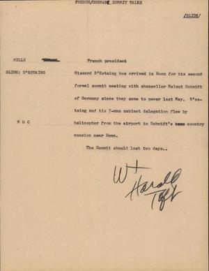 Primary view of object titled '[News Script: French/ German Summit talks]'.