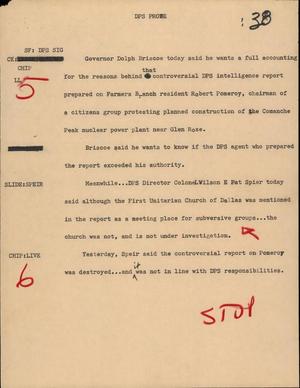 Primary view of object titled '[News Script: DPS probe]'.