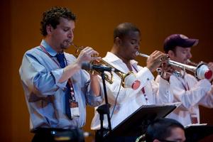 Primary view of object titled '[One O'Clock Lab Band trumpets perform at the 15th World Saxophone Congress, 5]'.