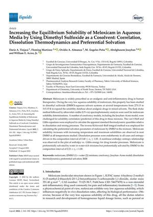 Increasing the Equilibrium Solubility of Meloxicam in Aqueous Media by Using Dimethyl Sulfoxide as a Cosolvent: Correlation, Dissolution Thermodynamics and Preferential Solvation