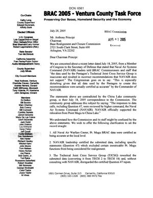 Letter from California Ventura County Supervisor Kathy Long,  to Chairman Principi. dtd 28 July 2005