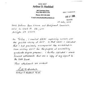 Letter from Arthur D. Haddad, concerned citizen to the BRAC Commission.