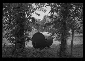 Primary view of object titled '[Large barrel in the woods]'.