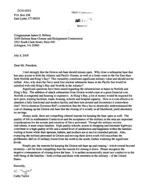 Community Correspondence - Letter from Cathy Taylor Regarding Groton Submarine Base