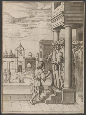 Primary view of object titled '[Etching and engraving print of a man begging on a stoop]'.