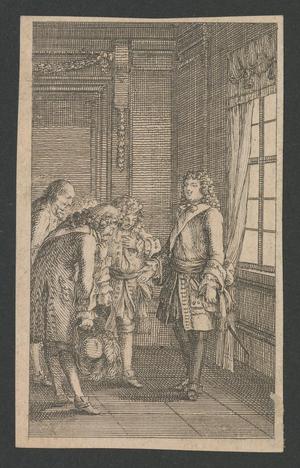Primary view of object titled '[Etching and engraving of a group of four men conversing]'.