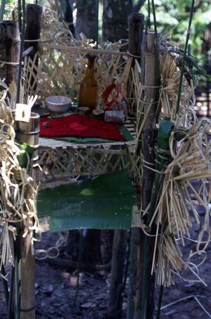 Ritual offerings on small bamboo altar