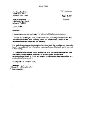 Letter from a concerned citizen asking for support in removing Ellington Field from the 2005 BRAC closure list