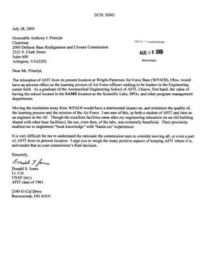 Letter from a concerned citizen asking for support in removing  Wright-Patterson Air Force Base from the 2005 BRAC closure list