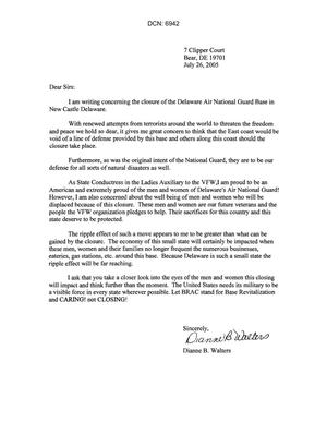 Letter from a concerned citizen asking for support in removing  Delaware Air National Guard Base from the 2005 BRAC closure list