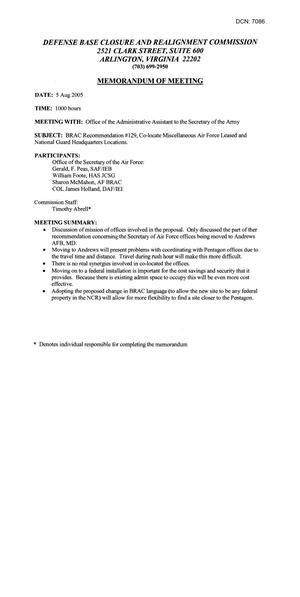 Memorandum of Meeting – 8/5/05 – BRAC Recommendation # 129, Co-locate Misc Army Leased and National Guard Headquarters Locations