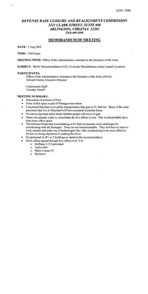 Memorandum of Meeting – 8/5/05 – BRAC Recommendation #132(Army Leased Space)