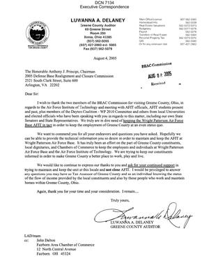 Executive Correspondence – Letter dtd 08/04/05 to Chairman Principi from Greene County Ohio Auditor Luwanna Delaney