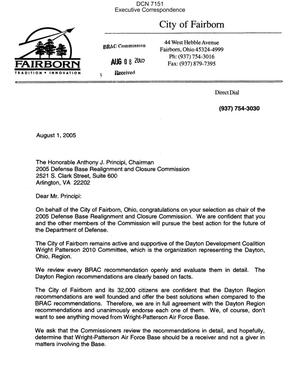 Executive Correspondence – Letter dtd 08/01/05 to Chairman Principi from the Fairborn Ohio City Government and Council