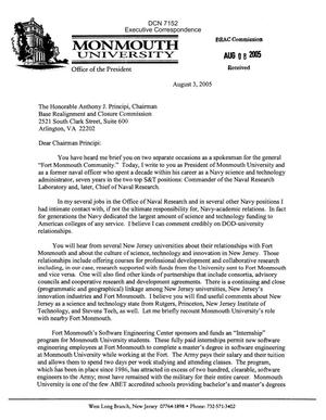 Executive Correspondence – Letter dtd 08/03/05 to Chairman Principi from Monmouth University President Paul Gaffney