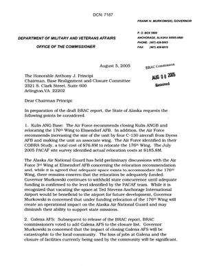 Executive Correspondence - Letter dtd 08/05/05 to Chairman Principi from Maj Gen Craig Campbell, Commissioner of the State of Alaska Department of Military and Veterans Affairs
