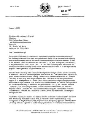 Executive Correspondence - Letter dtd 08/03/05 to Chairman Principi from Ohio State University President Karen Holbrook