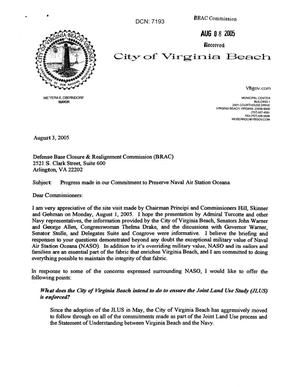 Executive Correspondence - Letter dtd 08/03/05 to the Commission from Virginia Beach VA Mayor Meyera Oberndorf