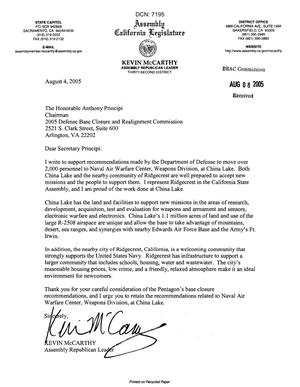 Executive Correspondence - Letter dtd 08/04/05 to Chairman Principi from CA Assembly Republican Leader Kevin McCarthy