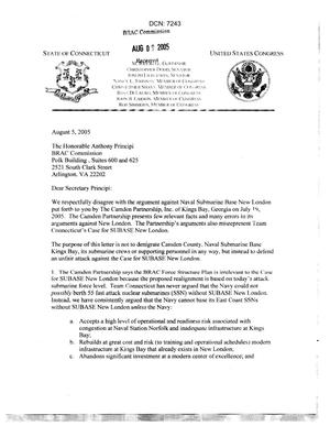 Letter from Connecticut Federal and State Government officials to BRAC Chairman Anthony Principi dtd 05 August 2005