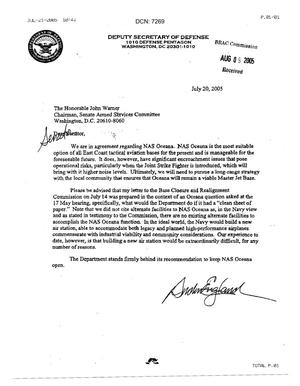 Letter from Deputy Secretary of Defense Gordon England to Senator Warner. dtd 20 July 2005
