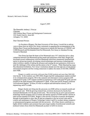 Letter from Rutgers University President, Richard L. McCormick to Chairman Principi. dtd 09 August 2005