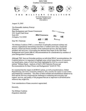 Letter dtd 08/10/05 to Chairman Principi from The Military Coalition (TMC)