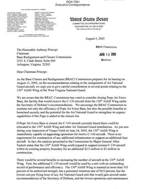 Primary view of object titled 'Letter dtd 08/05/05 to Chairman Principi and all the Commissioners from WV Senators Byrd and Rockefeller as well as WV Representatives Mollohan, Capito, and Rahall'.