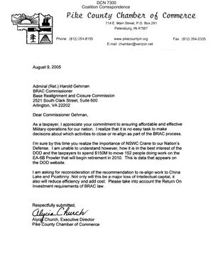 Letters dtd 08/09/05 to Commissioners Gehman and Skinner from the Pike County Chamber of Commerce (IN)