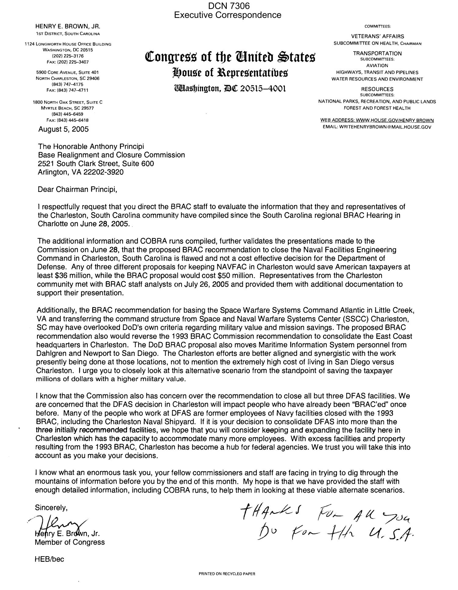 Letter dtd 08/05/05 to Chairman Principi from Representative Henry Brown (1st, SC)
                                                
                                                    [Sequence #]: 1 of 1
                                                