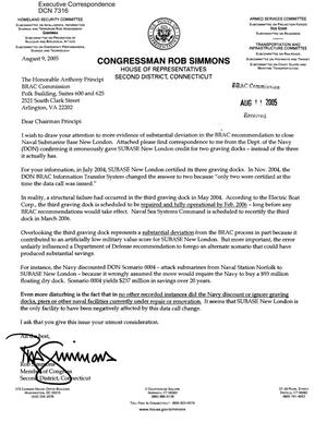 Executive Correspondence – Letter dtd 08/9/2005 to Chairman Principi from Rob Simmons (Rep 2nd CT)
