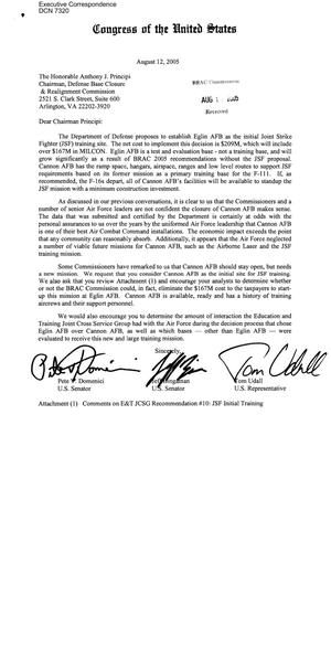 Executive Correspondence – Letter dtd 08/12/2005 to Chairman Principi from Senators Pete Domenici and Jeff Bingaman and Representative Tom Udall