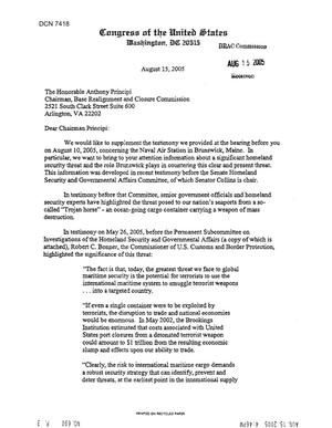 Executive Correspondence - Letter from Governor John Baldacci and Maine Representatives - Supplemental testimony to 10 August 2005 Concerning the Naval Air Station in Brunswick