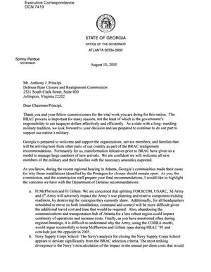 Executive Correspondence – Letter dtd 08/10/2005 to Chairman Principi from Sonny Perdue (Gov GA)