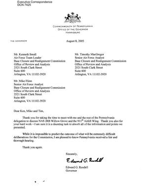 Executive Correspondence – Letter dtd 08/8/2005 to Kenneth Small, Timothy MacGregor, and Mike Flinn from Edward Rendell