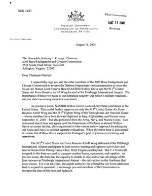 Executive Correspondence - Letter from Commonwealth of Pennsylvania State Treasurer Robert P. Casey Jr. Regarding Willow Grove