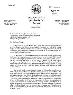 Primary view of object titled 'Executive correspondence - Letter from West Virginia Governor Joe Manchin III -130th Airlift Wing'.