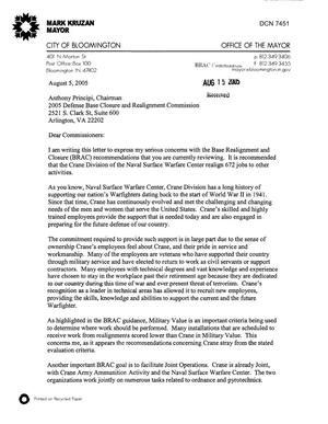 Executive Correspondence - Letter from Bloomington Indiana Mayor Mark Kruzan regarding NSWC Crane