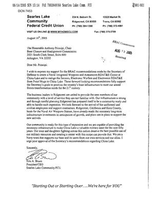 Executive Correspondence - Letter Eric A. Bruen President Searles Lake Community Federal Credit Union, California regarding China Lake