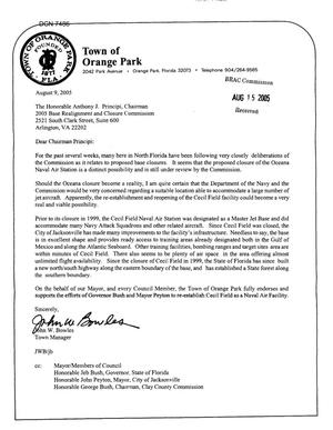 Executive Correspondence -  Letter from Town Manager (Orange Park Florida) John W. Bowles regarding Cecil Field