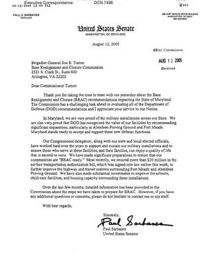 Executive Correspondence – Letter dtd 08/12/2005 to Commissioners Turner, Hansen, Gehman, Bilbray, and Skinner from Senator Paul Sarbanes (MD)