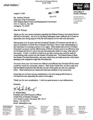Executive Correspondence – Letter dtd 08/9/2005 to Chairman Principi from Michael Benz