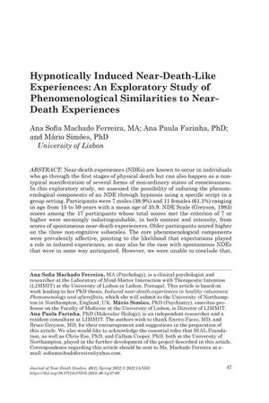 Primary view of object titled 'Hypnotically Induced Near-Death-Like Experiences: An Exploratory Study of Phenomenological Similarities to Near-Death Experiences'.