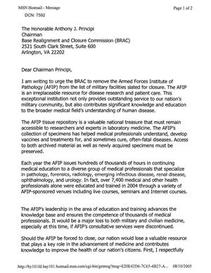 Letter from an individual urging the BRAC to remove the Armed Forces Institute of Pathology from the list