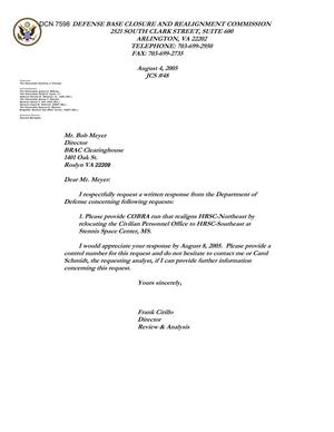 Department of Defense Clearinghouse Response: DoD Clearinghouse response to a letter from the BRAC Commission regarding aligning HRSC-NE to HRSC-SE