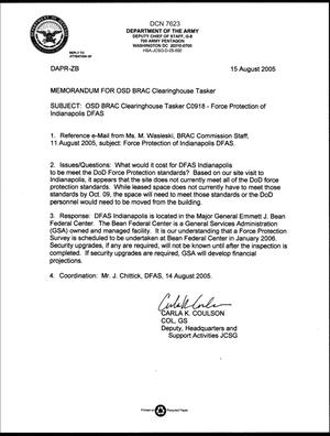 Department of Defense Clearinghouse Response: DoD Clearinghouse response to a letter from the BRAC Commission regarding DFAS Indianapolis