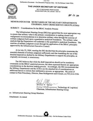 Memorandum dtd 09/28/04 from Infrastructure Steering Group (ISG) Chairman Michael Wynn to Secretaries of the Military Departments and Chairmen Joint Cross Service Groups (JCSGs)