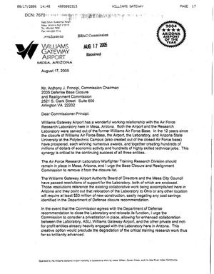 Primary view of object titled 'Letters from Williams Gateway Airport Executive Director, Lynn F. Kusy to Chairman Principi and the Commissioners dtd 17 Aug 05'.