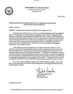 Memorandum dtd 07/14/04 for the Under Secretary of Defense (Acquisition Technology and Logistics) from AF Vice Chief of Staff General T. Michael Moseley